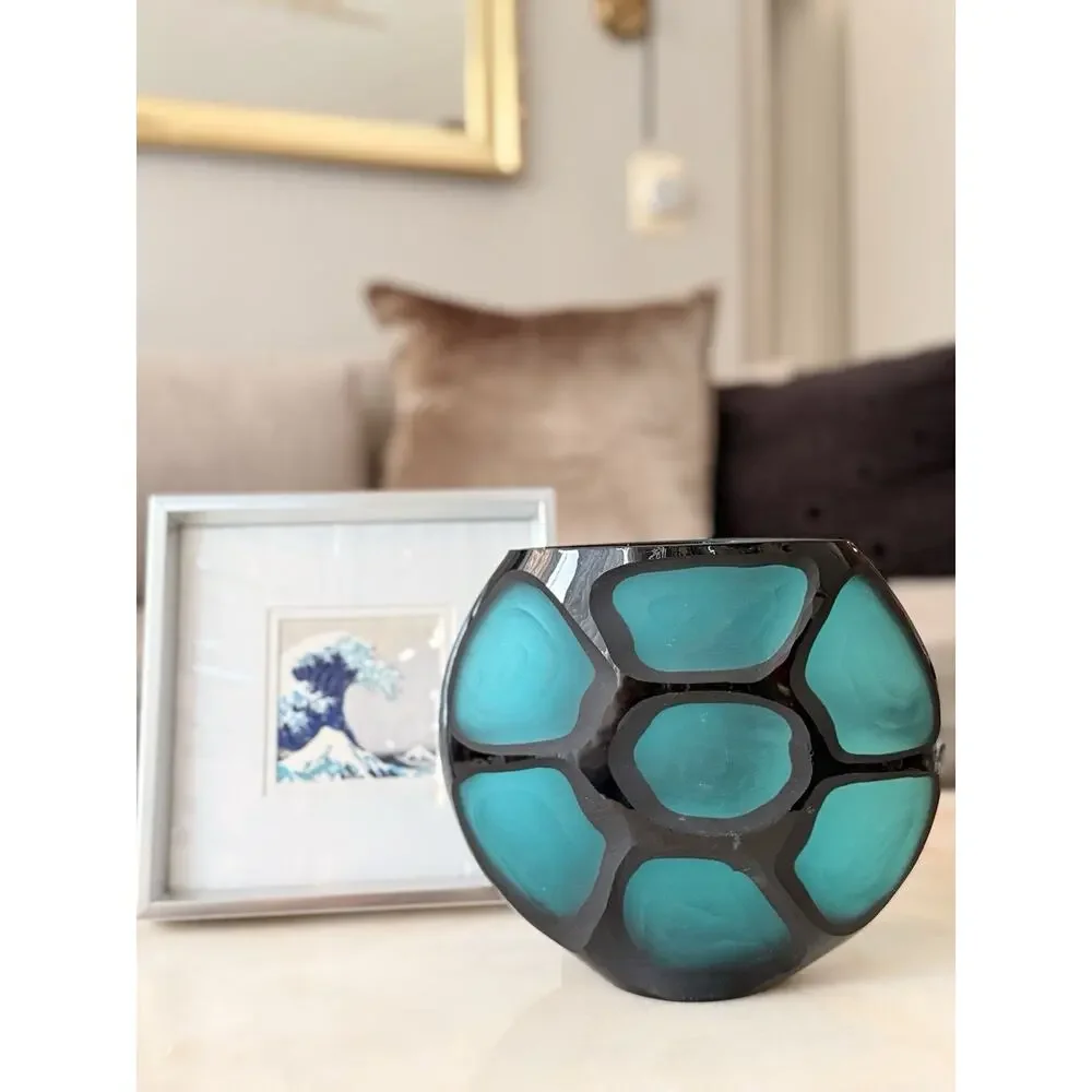 Vintage Murano Battuto Eclectic Glass Vase Turquoise Black Italian Art Glass